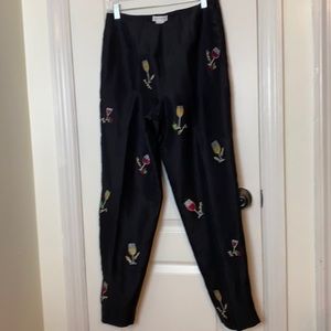 Allison Taylor Novelty Wine Glass Black Silk Pants Size 8